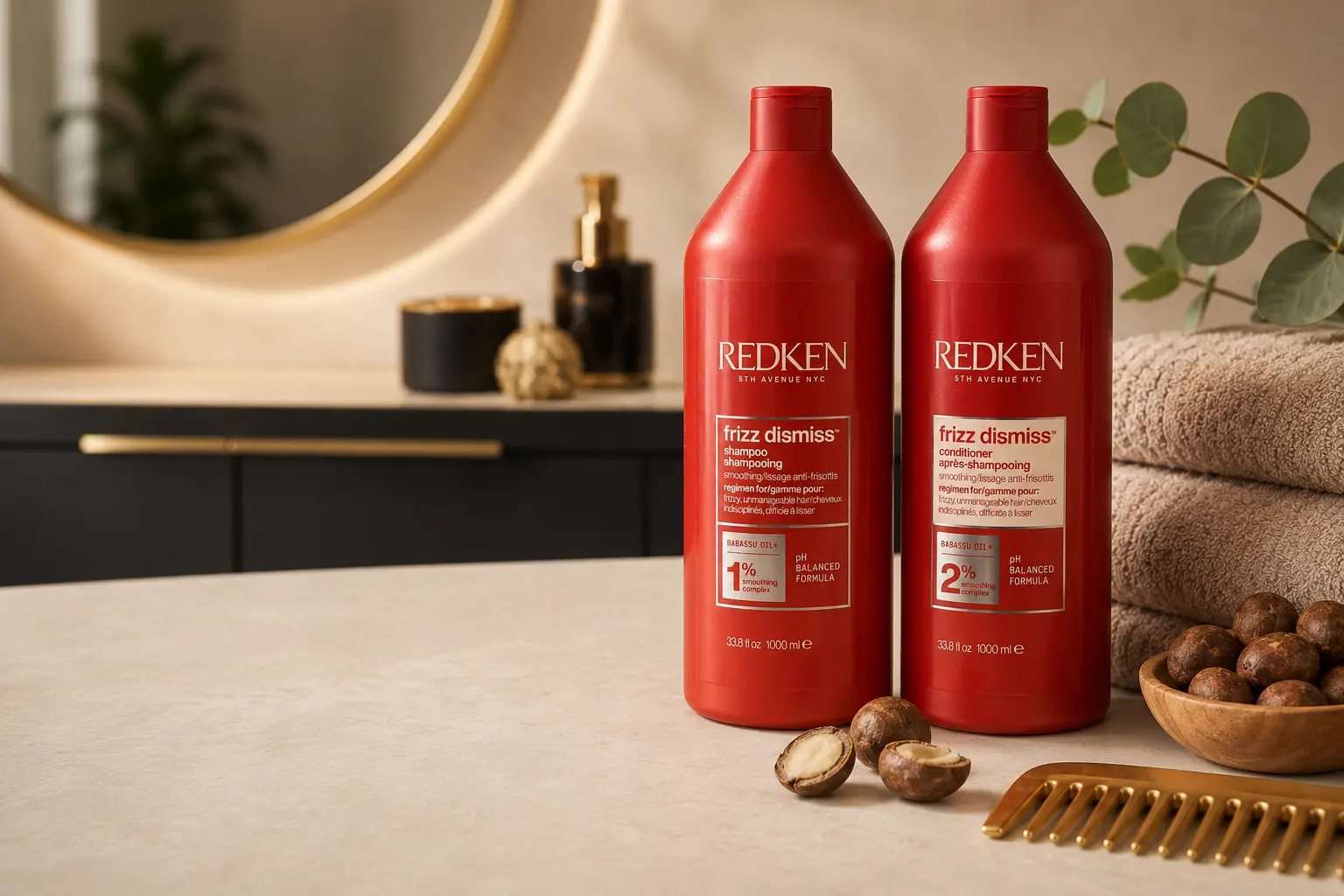 Redken Frizz Dismiss shampoo and conditioner review still life